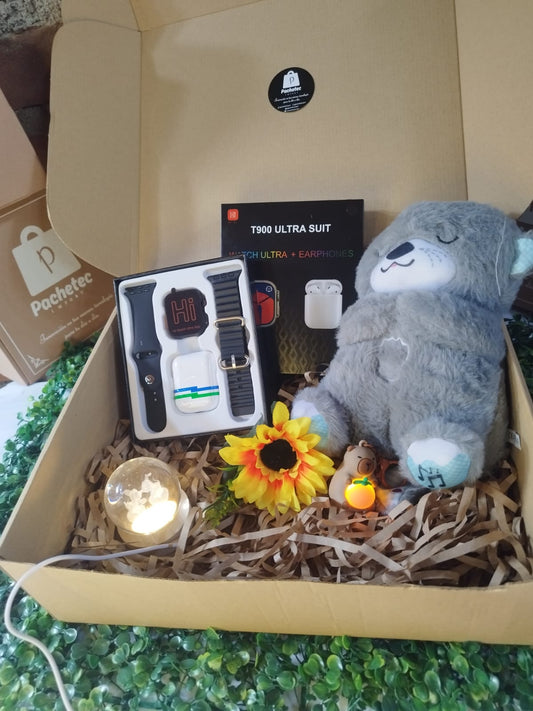 SÚPER BOX COMBO 🎁  Smartwatch t900 ultra suit  + audífonos + esfera del amor + nutria dormilona + llavero capibara con luces  🤖💻